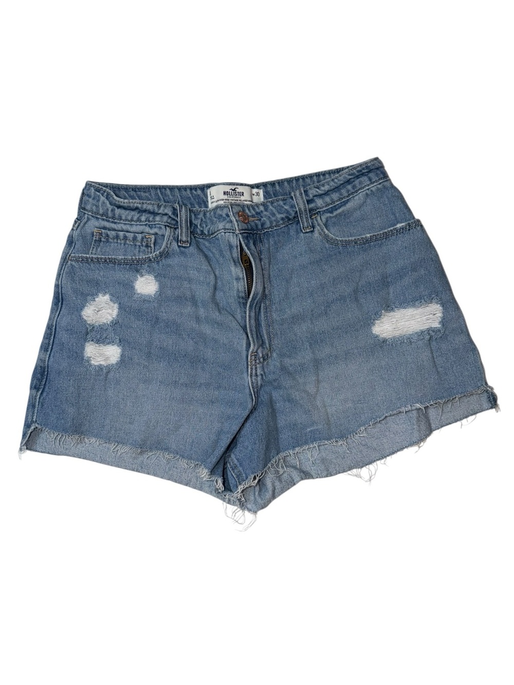 Hollister Distressed High-Rise Denim Shorts - Medium Blue